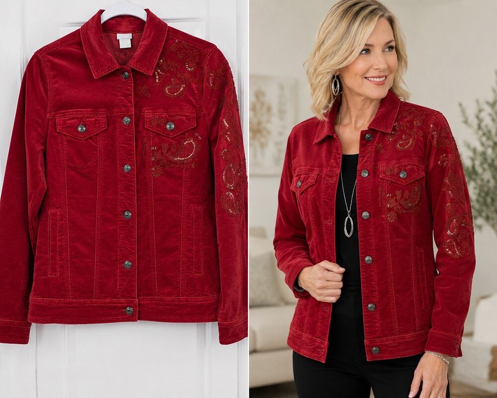 Chico's Red Velvet Embellished Trucker Jacket Sequin Paisley Size 0 S